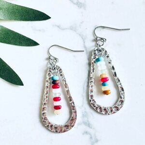 2/$30🌵 Hammered Silver Teardrop Colorful Beads Dangle Earrings Boho NEW Gift
